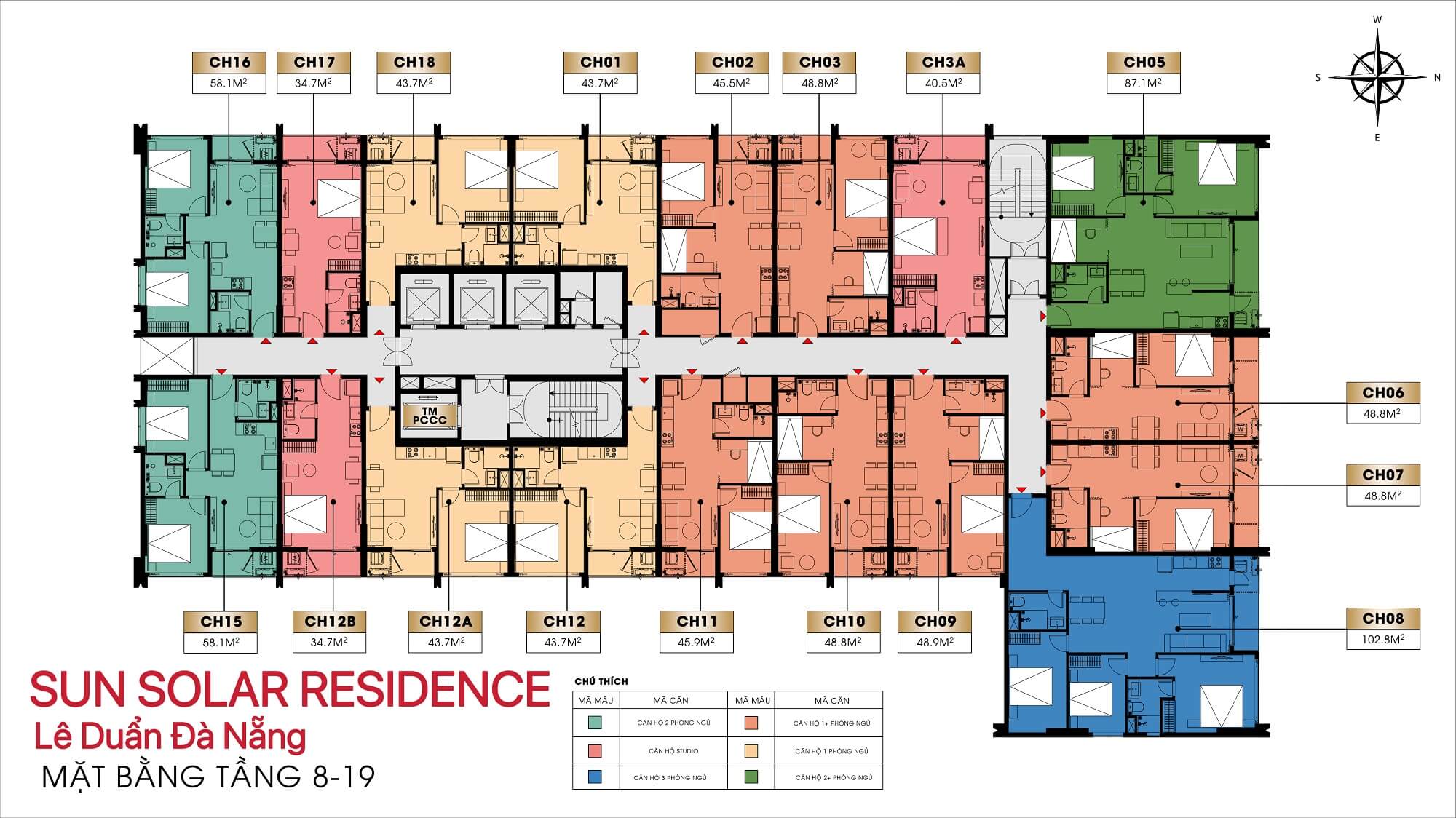 Sun Solar Residence Đà Nẵng 5 Layout mặt bằng tầng 8 đến tầng 19 dự án Sun Solar Residence Đà Nẵng