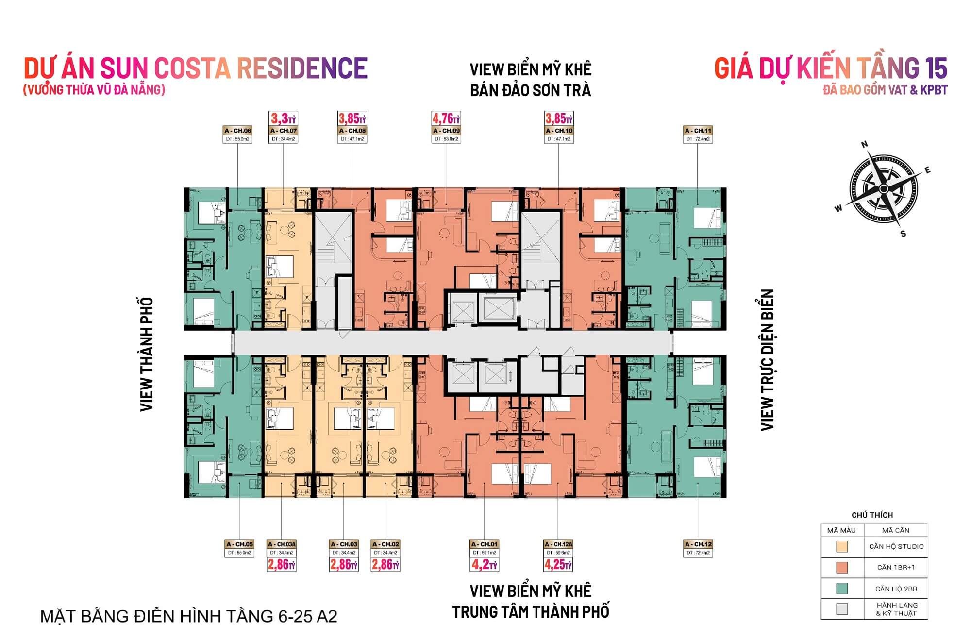 Layout tầng 6 đến tầng 25 tòa A2 với giá bán dự kiến từ 2,86 tỷ/căn